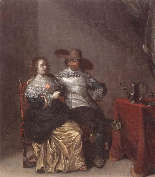 Laurentius de Neter An interior with a soldier makng advances to a lady,deside a table draped with a red cloth,with a pewther jug and an upturned roemer on a pewter dish France oil painting art